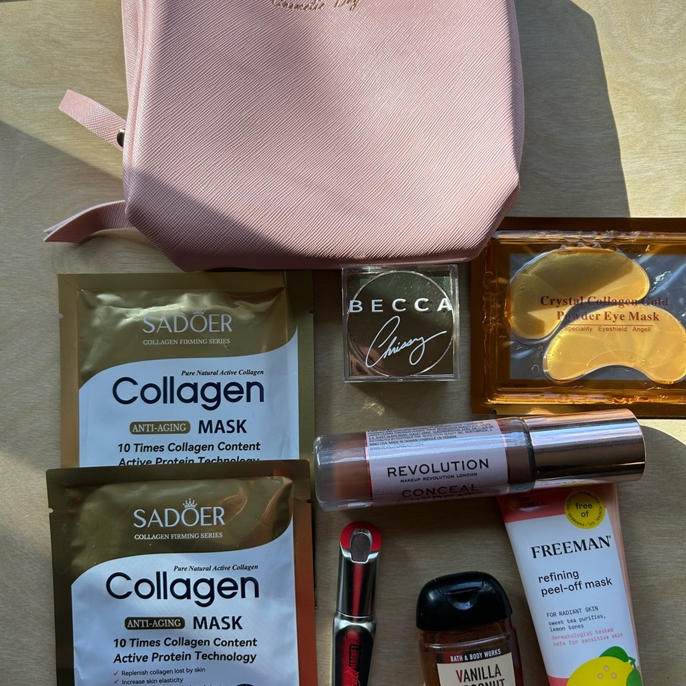 Pink Cosmetic Bag with 9 Skincare and Makeup Set